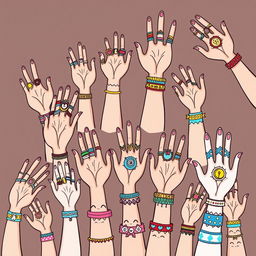 A whimsical doodle illustration featuring numerous hands, each adorned with an array of fun and intricate ornaments such as playful rings, colorful bracelets, and quirky patterns