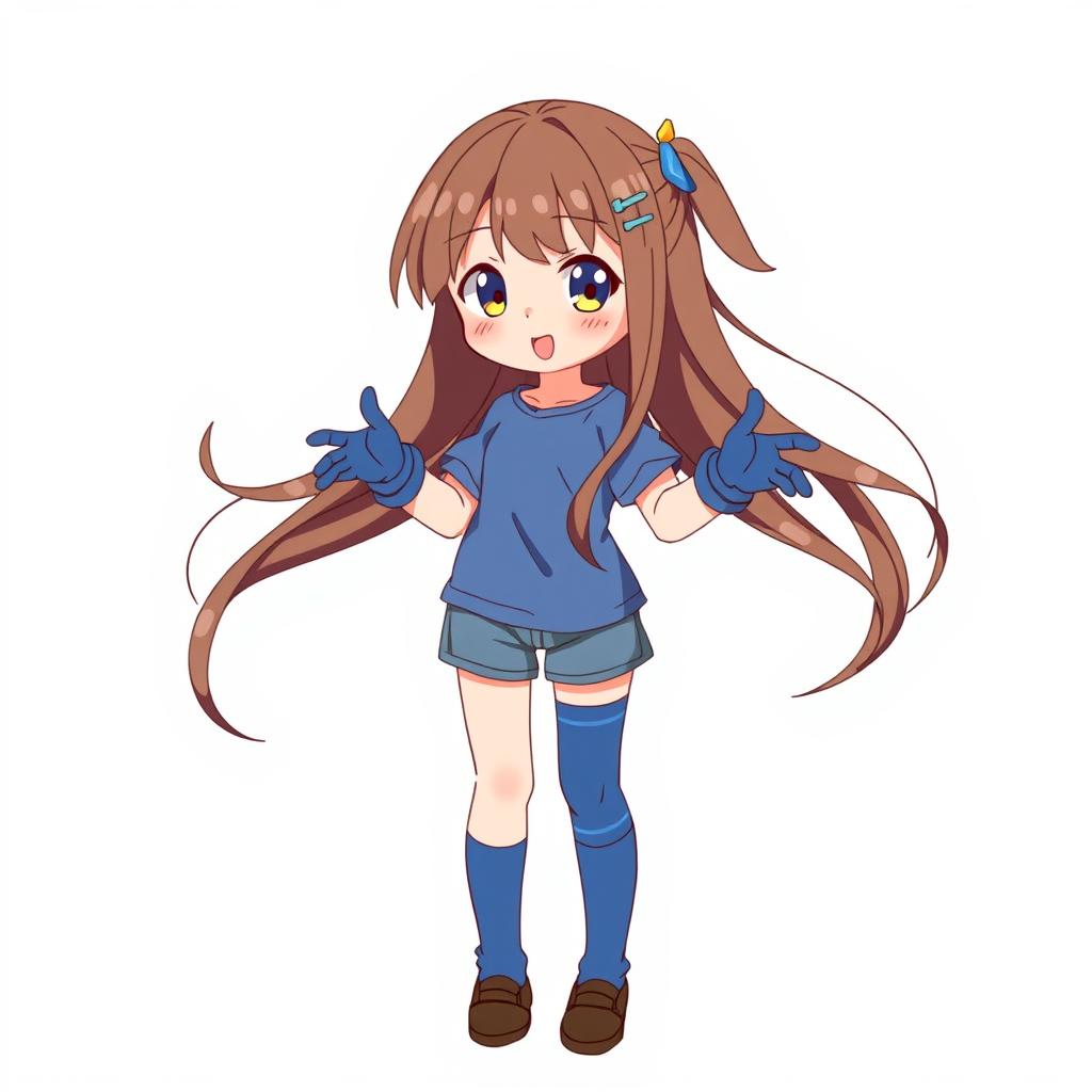 An adorable anime girl with flowing brown hair and a simple blue hair clip