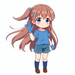 An adorable anime girl with flowing brown hair and a simple blue hair clip