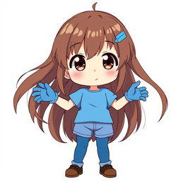 An adorable anime girl with flowing brown hair and a simple blue hair clip