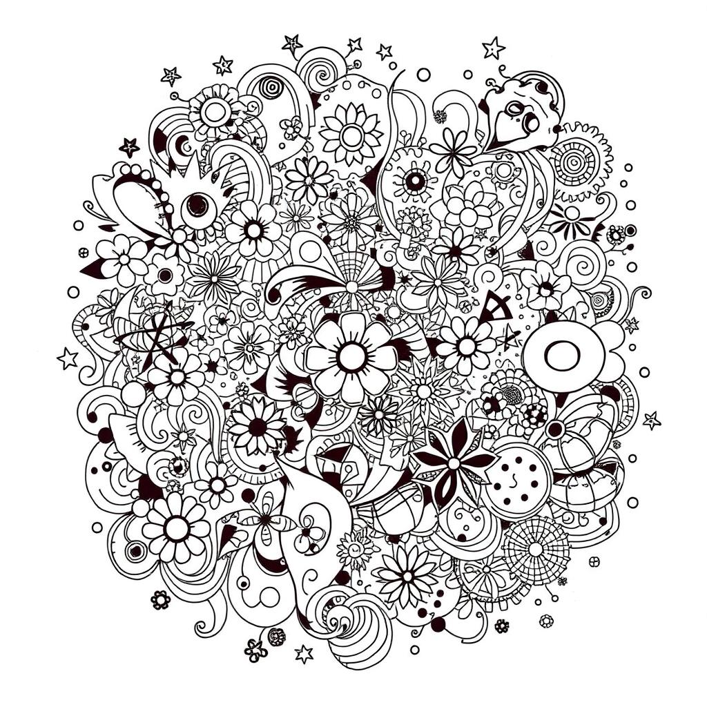 A complex and intricate doodle illustration filled with abstract patterns, swirling shapes, and geometric designs