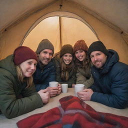 A warmly dressed group of four men and two women, huddled together under blankets inside a tent, seeking warmth during a winter camping adventure.