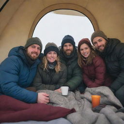 A warmly dressed group of four men and two women, huddled together under blankets inside a tent, seeking warmth during a winter camping adventure.