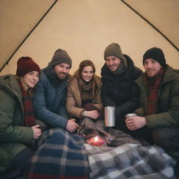 A warmly dressed group of four men and two women, huddled together under blankets inside a tent, seeking warmth during a winter camping adventure.