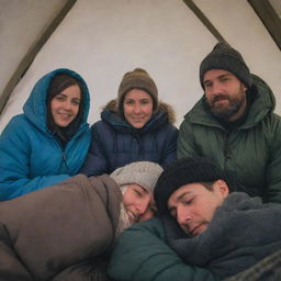 A group of four men and two women in winter gear, cuddled together and sleeping under cozy blankets inside a tent, braving the freezing winter weather outside.