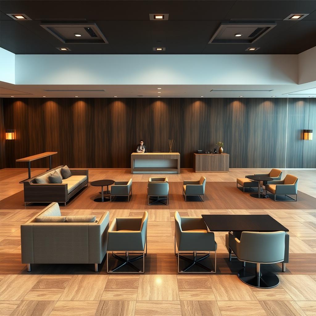 A hyper-realistic VIP waiting room in an airport with a square space