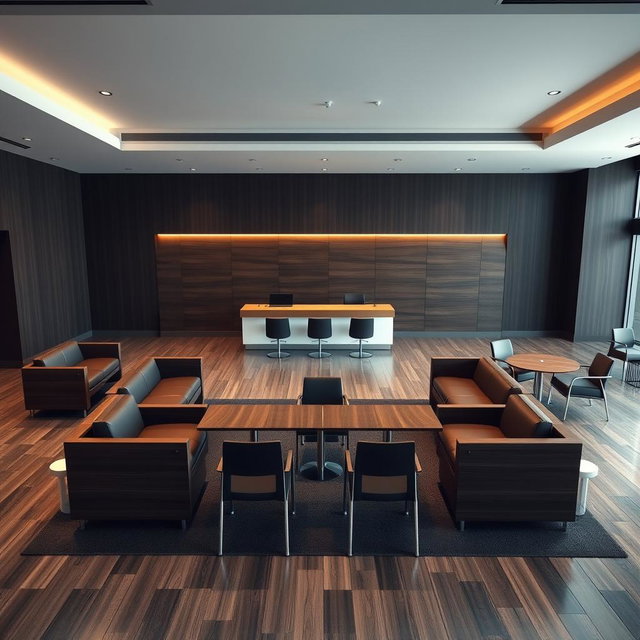 A hyper-realistic VIP waiting room in an airport with a square space