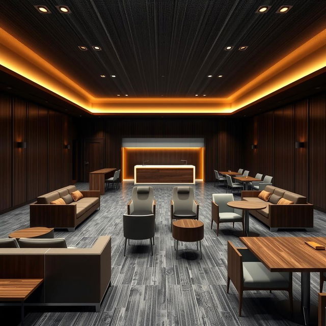 A hyper-realistic VIP waiting room in an airport with a square space