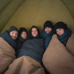 A group of four men and two women in winter gear, cuddled together and sleeping under cozy blankets inside a tent, braving the freezing winter weather outside.