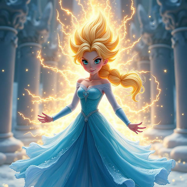 A powerful and intense fusion of Princess Elsa from Frozen transformed into a Super Saiyan from Dragon Ball Z