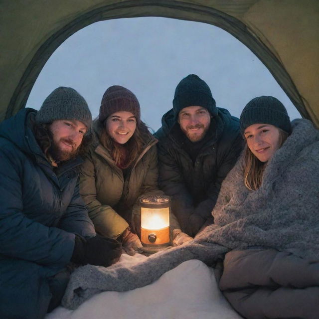 A group of four men and two women in winter gear, cuddled together and sleeping under cozy blankets inside a tent, braving the freezing winter weather outside.