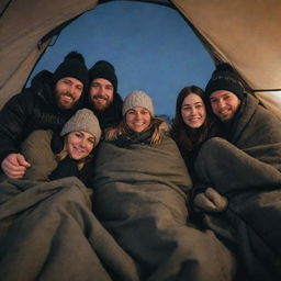 A group of four men and two women in winter gear, cuddled together and sleeping under cozy blankets inside a tent, braving the freezing winter weather outside.