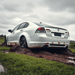 A hyper-realistic image of a white 2009 Holden Commodore Omega stuck in mud while driving across a very wet grass field