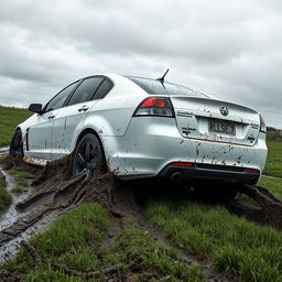 A hyper-realistic image of a white 2009 Holden Commodore Omega stuck in mud while driving across a very wet grass field