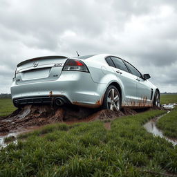 A hyper-realistic image of a white 2009 Holden Commodore Omega stuck in mud while driving across a very wet grass field