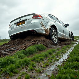 A hyper-realistic image of a white 2009 Holden Commodore Omega stuck in mud while driving across a very wet grass field