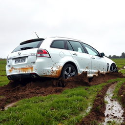 A hyper-realistic image of a white 2009 Holden Commodore Omega wagon stuck in mud while attempting to drive across a very wet grass field