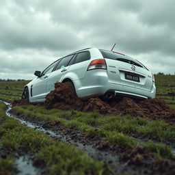 A hyper-realistic image of a white 2009 Holden Commodore Omega wagon stuck in mud while attempting to drive across a very wet grass field