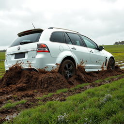 A hyper-realistic image of a white 2009 Holden Commodore Omega wagon stuck in mud while attempting to drive across a very wet grass field