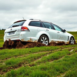 A hyper-realistic image of a white 2009 Holden Commodore Omega wagon stuck in mud while attempting to drive across a very wet grass field