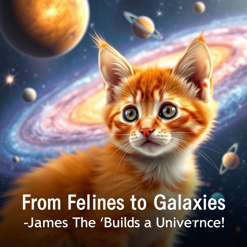 An enchanting scene featuring an orange kitten named James, positioned behind a vividly detailed galaxy where new planets and stars are forming