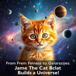 An enchanting scene featuring an orange kitten named James, positioned behind a vividly detailed galaxy where new planets and stars are forming