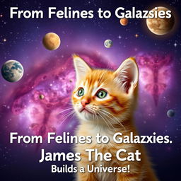 An enchanting scene featuring an orange kitten named James, positioned behind a vividly detailed galaxy where new planets and stars are forming
