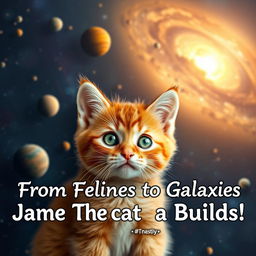 An enchanting scene featuring an orange kitten named James, positioned behind a vividly detailed galaxy where new planets and stars are forming