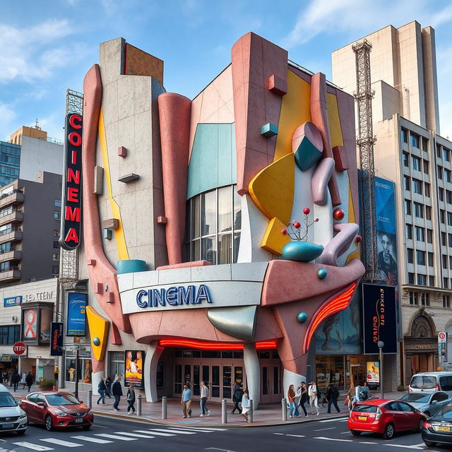 A unique and visually striking cinema building with an unconventional and eccentric design, reminiscent of a surrealistic, abstract art piece