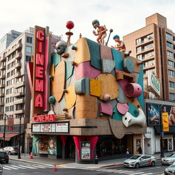 A unique and visually striking cinema building with an unconventional and eccentric design, reminiscent of a surrealistic, abstract art piece