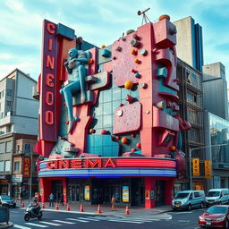 A unique and visually striking cinema building with an unconventional and eccentric design, reminiscent of a surrealistic, abstract art piece