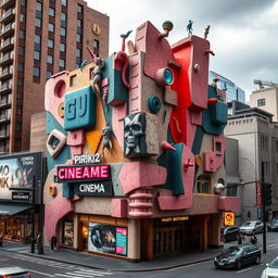 A unique and visually striking cinema building with an unconventional and eccentric design, reminiscent of a surrealistic, abstract art piece