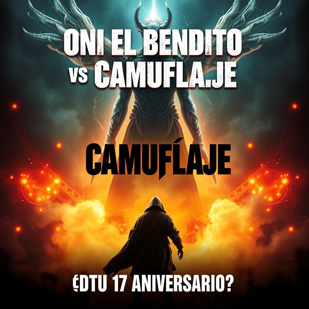 A dynamic and eye-catching movie poster for a thrilling showdown between two characters, Oni El Bendito and Camuflaje