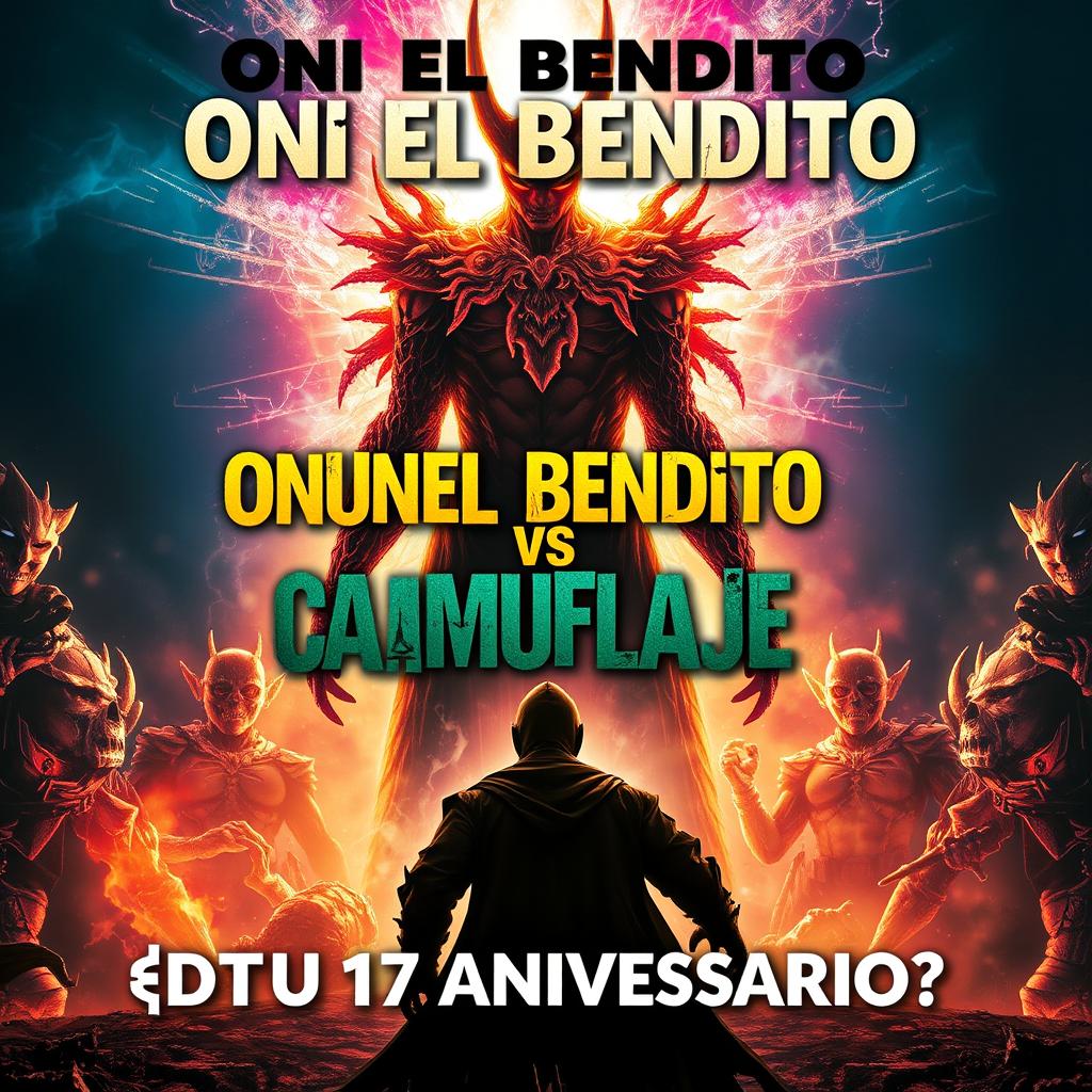 A dynamic and eye-catching movie poster for a thrilling showdown between two characters, Oni El Bendito and Camuflaje