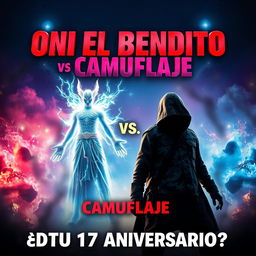 A dynamic and eye-catching movie poster for a thrilling showdown between two characters, Oni El Bendito and Camuflaje