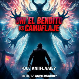 A dynamic and eye-catching movie poster for a thrilling showdown between two characters, Oni El Bendito and Camuflaje