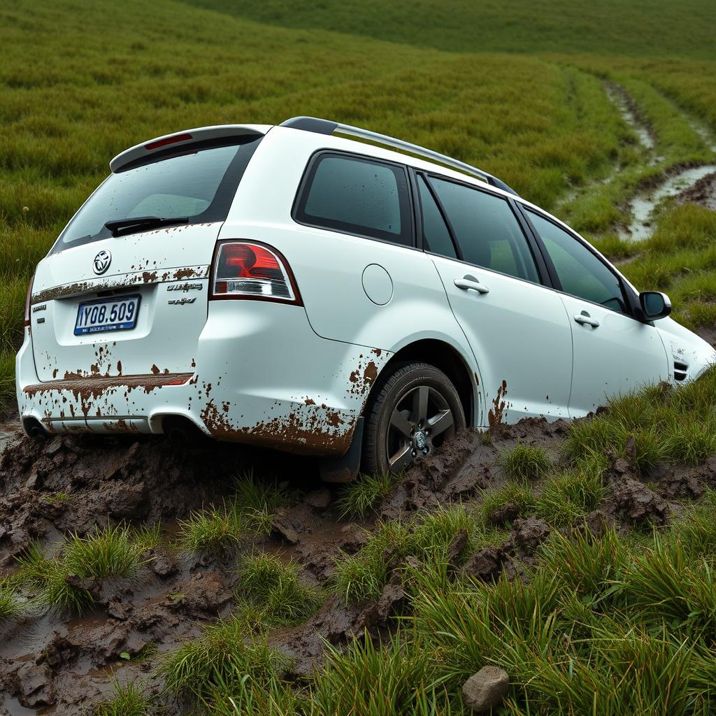 A hyper-realistic scene of a white 2009 Holden Commodore Omega wagon badly stuck in soft, wet, muddy grass