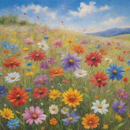 Whimsical scene of multicolored flowers dancing joyously in a vibrant meadow under a bright, sunny sky.