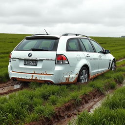 A hyper-realistic scene of a white 2009 Holden Commodore Omega wagon badly stuck in soft, wet, muddy grass