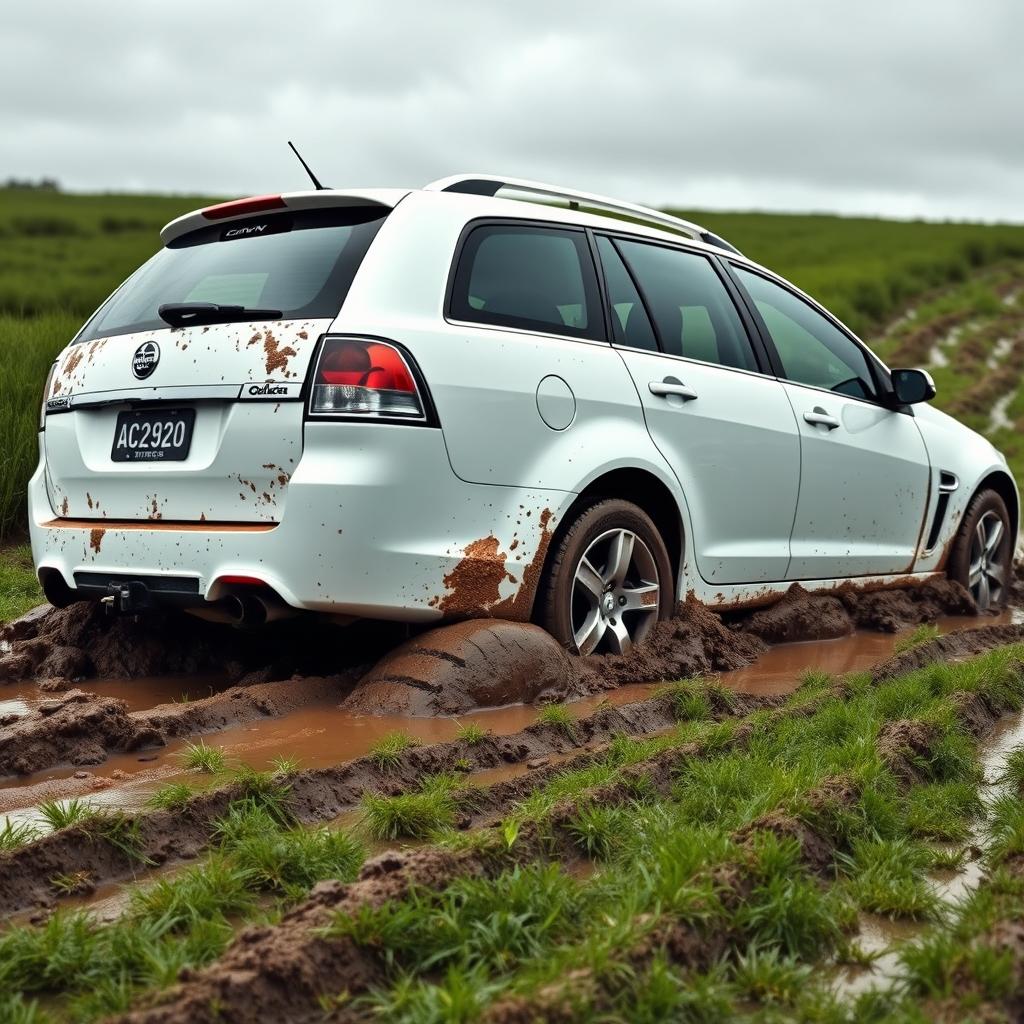 A hyper-realistic scene of a white 2009 Holden Commodore Omega wagon badly stuck in soft, wet, muddy grass