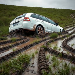 A hyper-realistic scene of a white 2009 Holden Commodore Omega wagon badly stuck in soft, wet, muddy grass