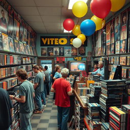 A nostalgic scene capturing the essence of Video Store Day in the 1990s