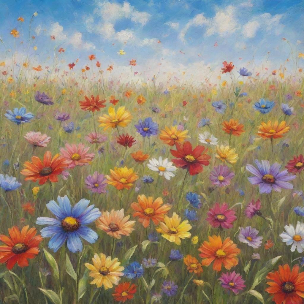 Whimsical scene of multicolored flowers dancing joyously in a vibrant meadow under a bright, sunny sky.