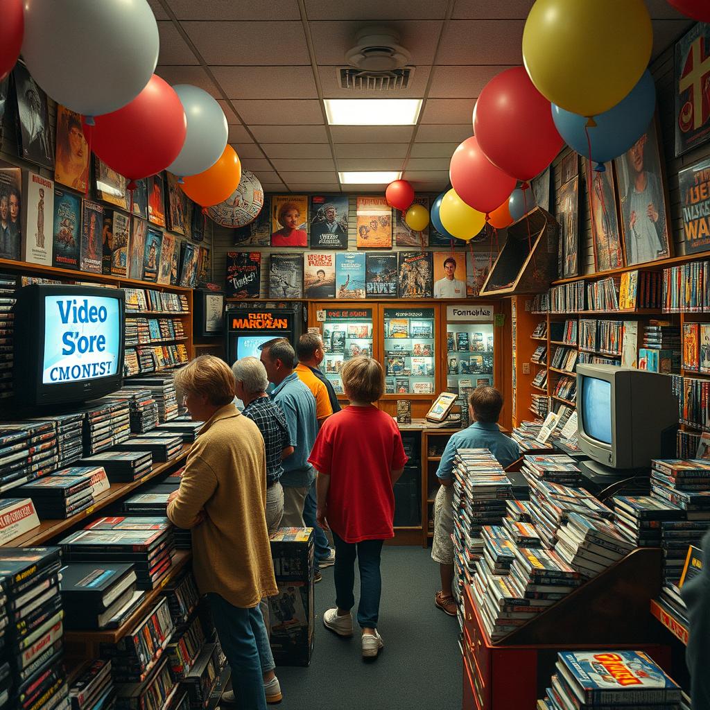 A nostalgic scene capturing the essence of Video Store Day in the 1990s