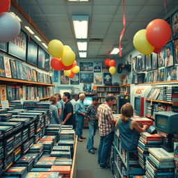 A nostalgic scene capturing the essence of Video Store Day in the 1990s