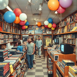 A nostalgic scene capturing the essence of Video Store Day in the 1990s