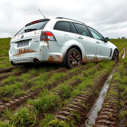 A hyper-realistic scene of a white 2009 Holden Commodore Omega wagon badly stuck in soft, wet, muddy grass while attempting to traverse a very wet grass field