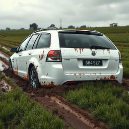 A hyper-realistic scene of a white 2009 Holden Commodore Omega wagon badly stuck in soft, wet, muddy grass while attempting to traverse a very wet grass field