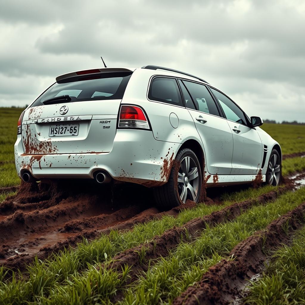 A hyper-realistic scene of a white 2009 Holden Commodore Omega wagon badly stuck in soft, wet, muddy grass while attempting to traverse a very wet grass field