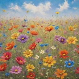 Whimsical scene of multicolored flowers dancing joyously in a vibrant meadow under a bright, sunny sky.